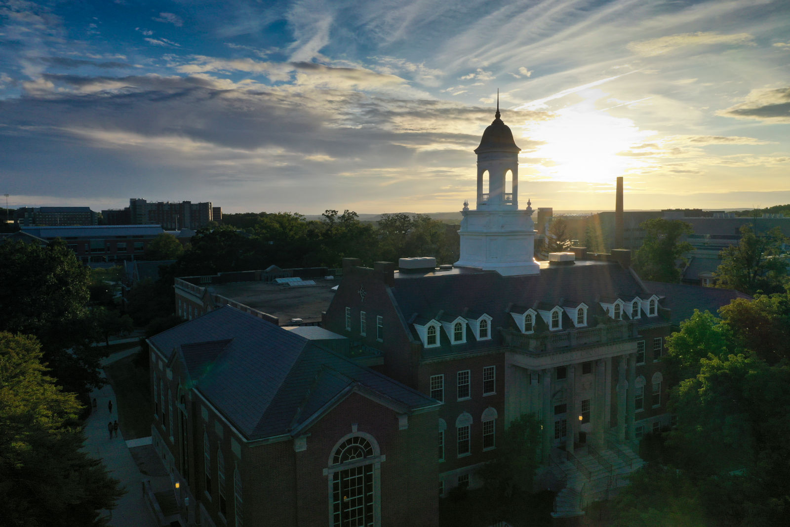 wilbur cross building with sun